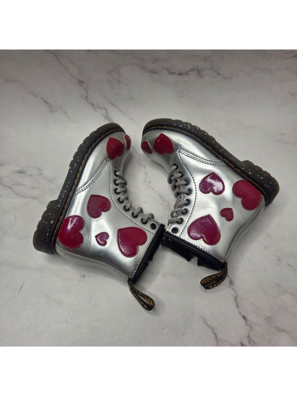 Dr. Martens 1460J Heart Silver Heart Boots Booties Leather Girls Size 11 - Picture 6 of 8